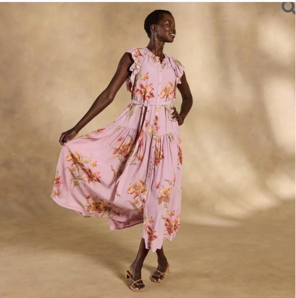 Sundance Living Tierra Dress Floral Purple Lavender Maxi Flowy Short Sleeve L